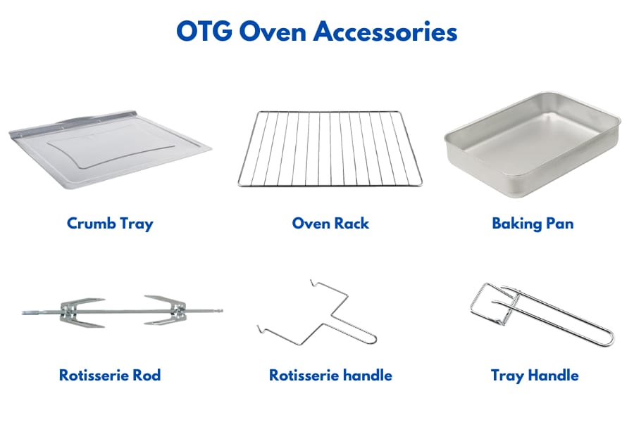 OTG accessories including crumb tray, oven rack, baking pan, tray handle, rotisserie rod and handle